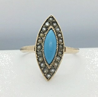 antique seed pearl and turquoise ring. Victorian, circa 1860's.